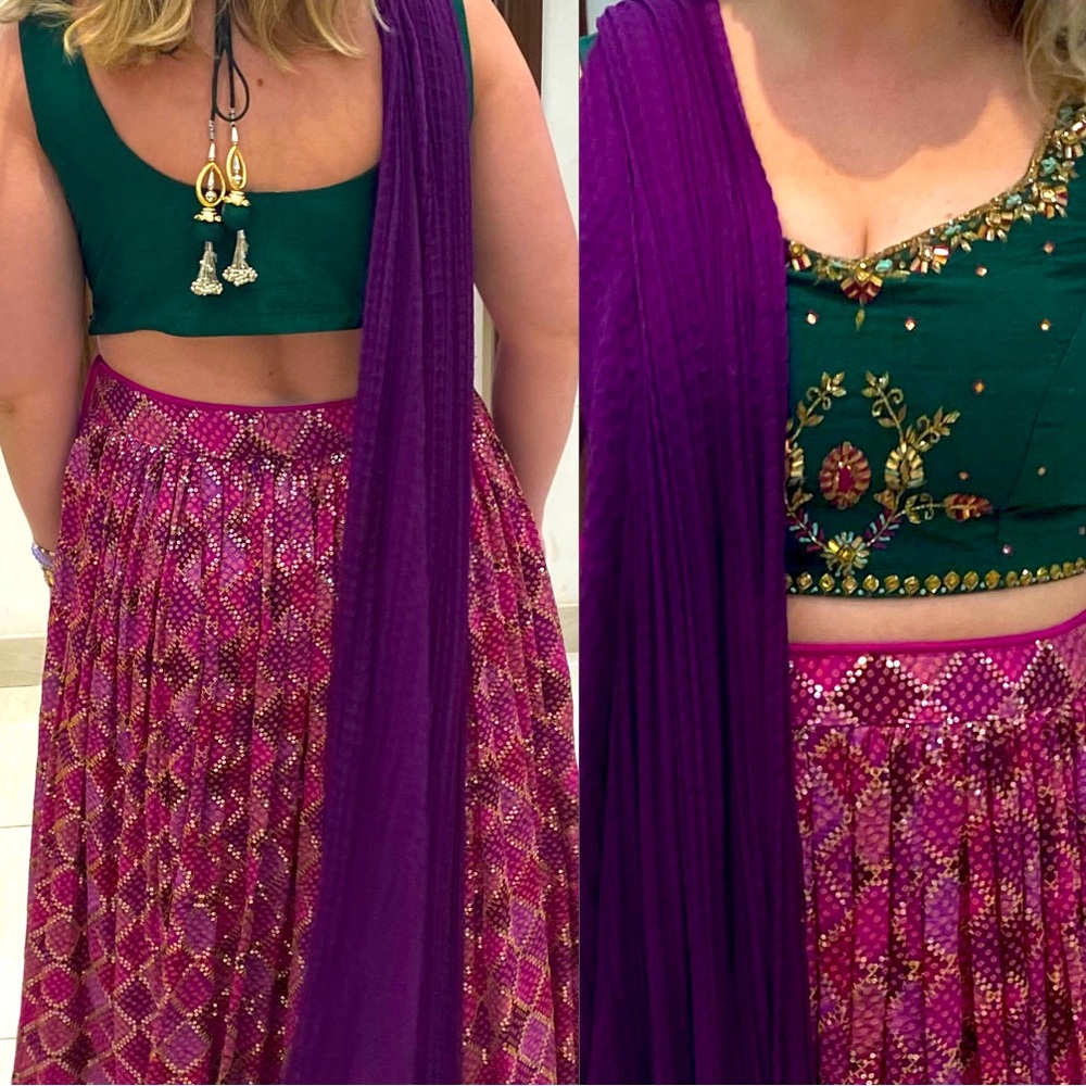 Purple and pink sparkle lehenga, emerald green top, Indian wedding